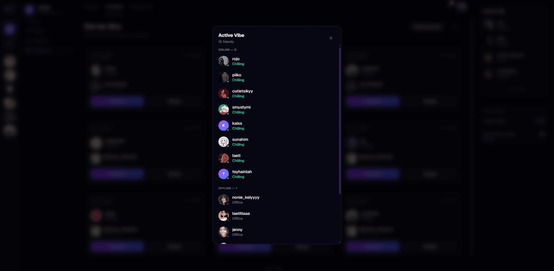 Screenshot: Active Vibe sidebar with friends online