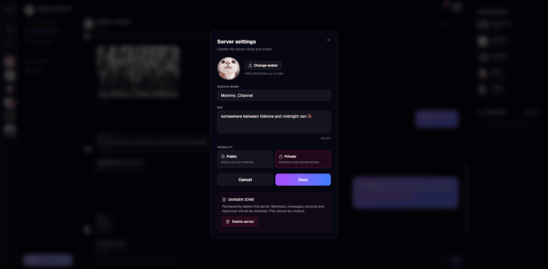 Screenshot: Server settings & danger zone