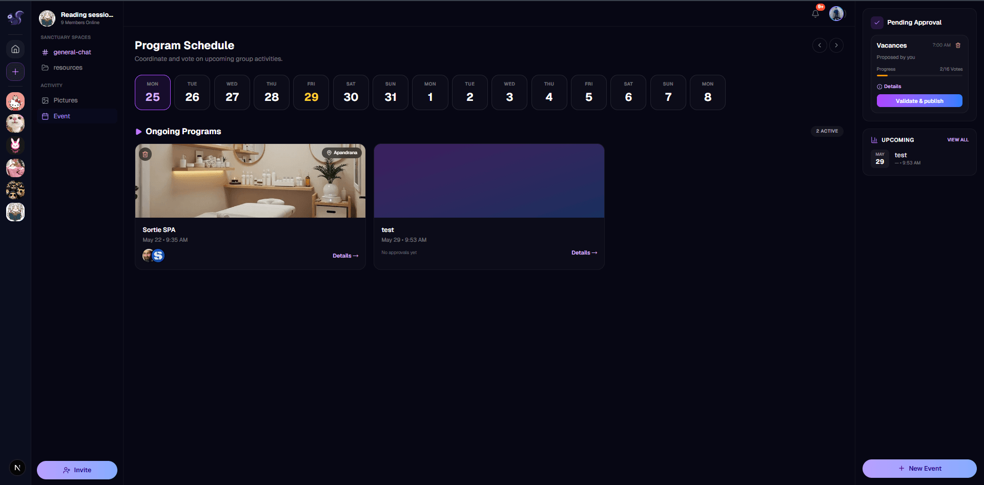 Screenshot: Sessions list with date strip and 'I'm available' button