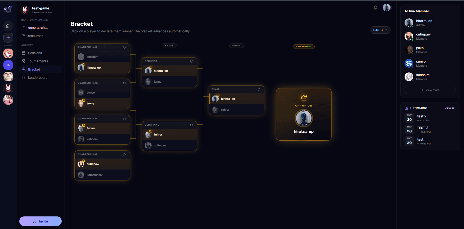 Screenshot: Tournament bracket — neon match cards with crown on the winner